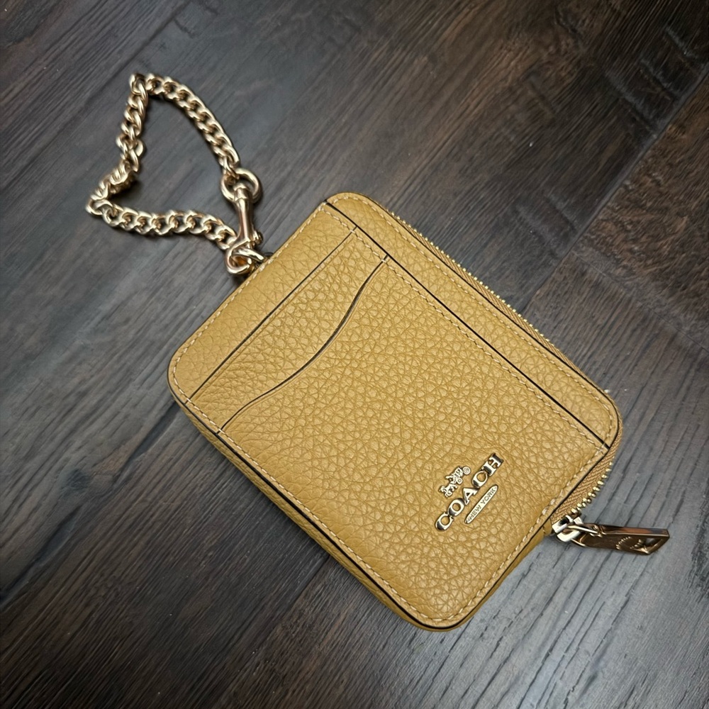 Coach Brown Leather Card Wallet with Gold Chain